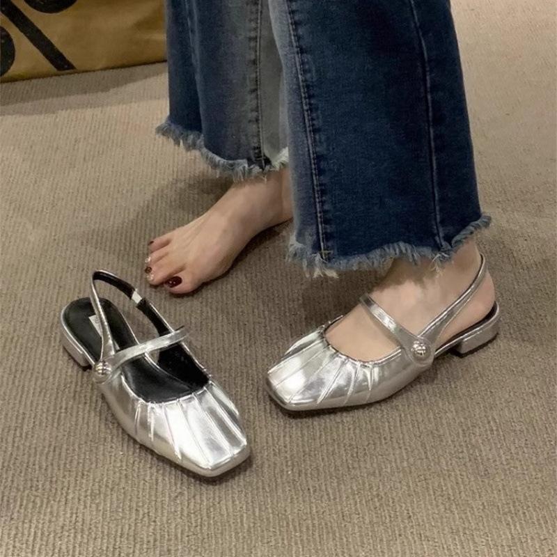 Mary Jane Shoes Women's 2025 New Round Head Shallow Mouth Velcro One Word with Doudou Shoes Flat Single Shoes Flat Heel