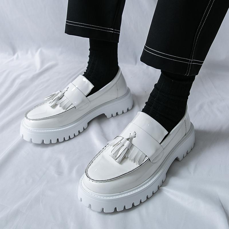 White Tassel Loafers Men Chunky Shoes Large Size 38-46 Round Toe Casual Shoes For Man Party Fashion Leather Shoes Man Moccasins