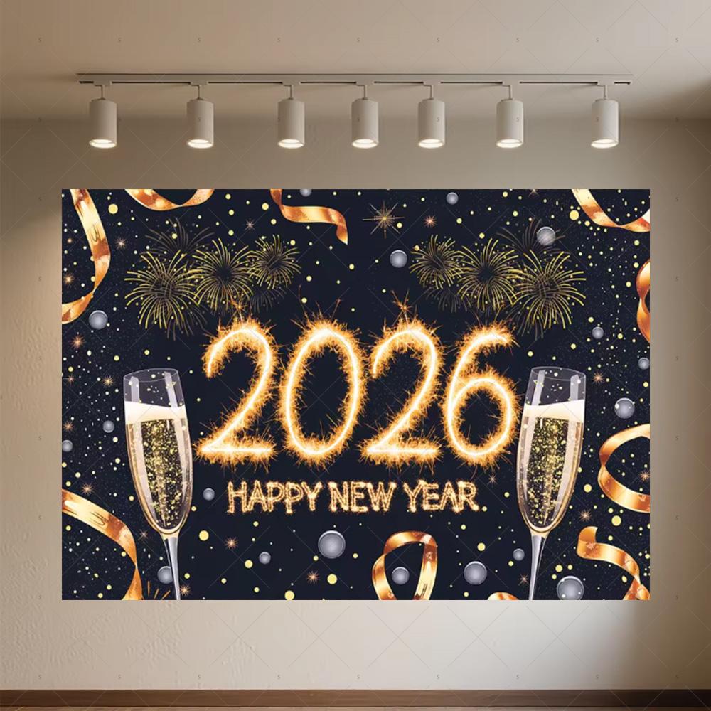 Black Gold New Year Background Banner Glitter 2026 Happy New Year Backdrop Supplies Balloons New Year Party Decoration Gifts