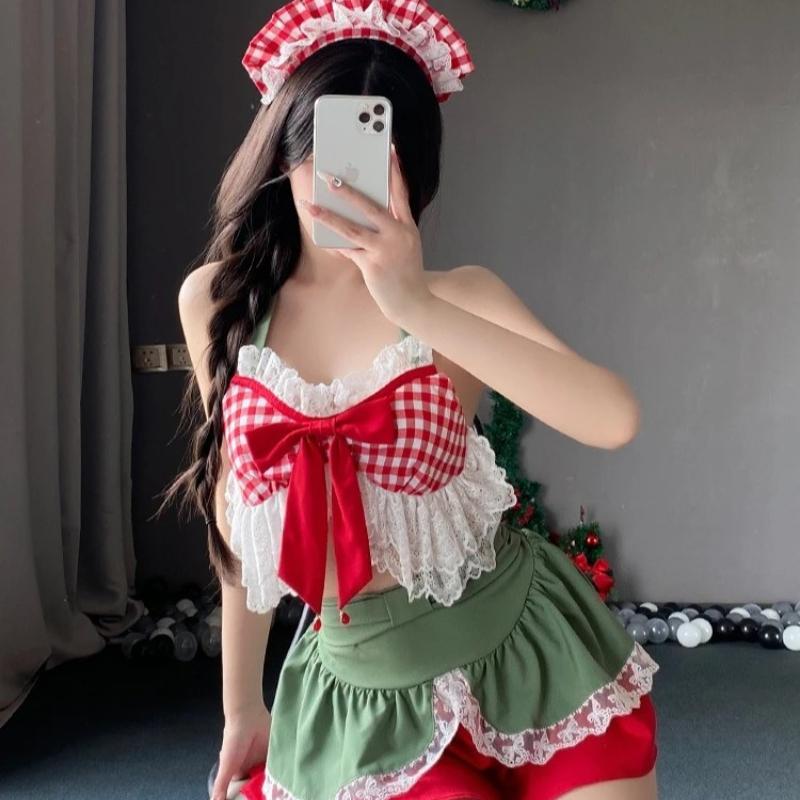 Kawaii Christmas Cosplay Sweet Costumes Cute Maid Uniform Passion Bow Lace Top Miniskirt Set Santa Claus Role-playing Outfit with Stockings