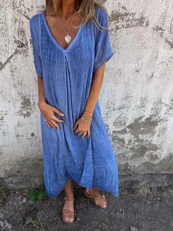Women's Short Sleeve Maxi Dress V Neck Mid Rise Casual Linen Loose Fit Long Dress