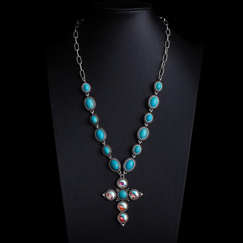 Bohemian Retro Ethnic Style Turquoise Necklace Female Western Denim Style Multi-Layered Wearing High-End Sweater Chain
