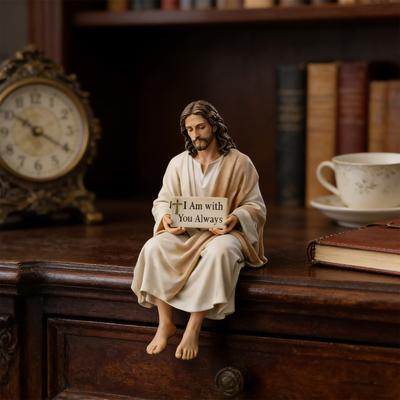 Figurine de Jésus en Résine Figurine en Résine Faite à la Main Design Assis Je Suis Toujours avec Vous Panneau Statue de Jésus-Christ Compagnon de Bureau Décoration de Maison