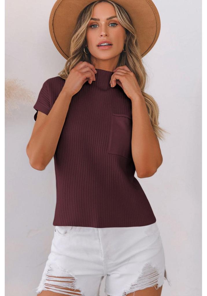 2025 Women's High Neck Short Sleeve Ribbed Knit Pullover – European & American Fashion