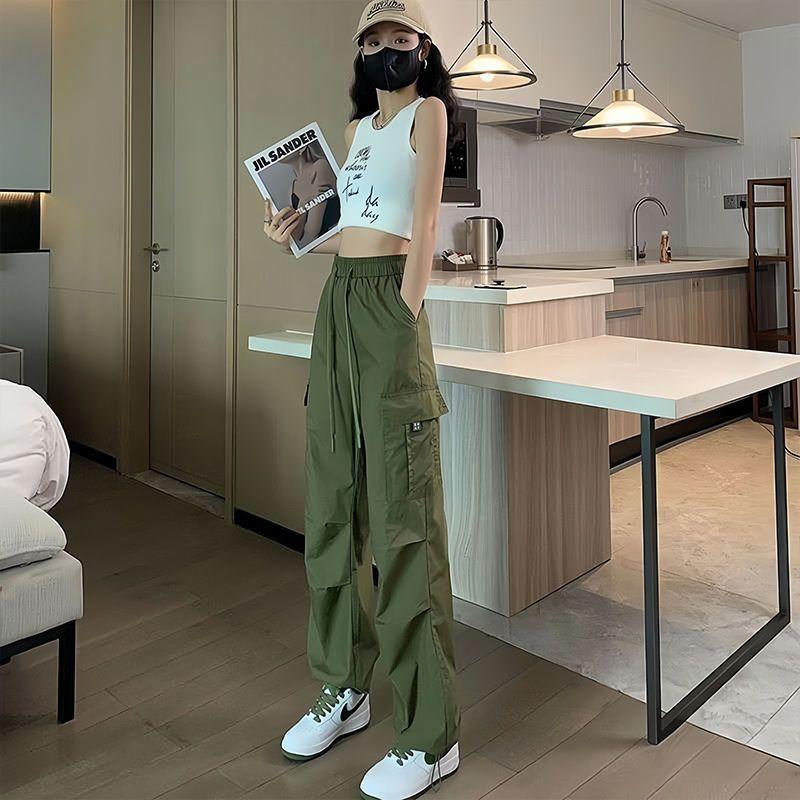Summer ice silk quick-dry cargo pants for women, loose high-waisted drawstring jogger hiking pants, American harem sweatpants trendy for women