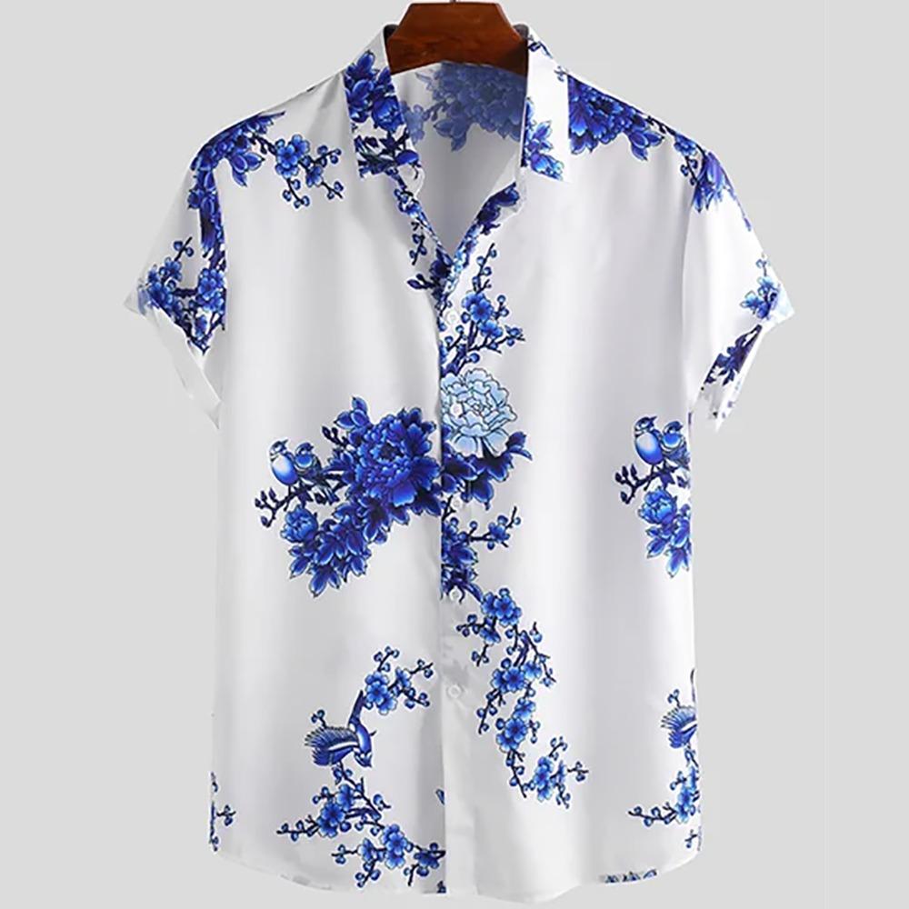 Japanese Flower Bird Print Fashion Men's Shirt Hawaiian Blouse Casual Loose Breathable Short Sleeve Outdoor Street Men's Clothes