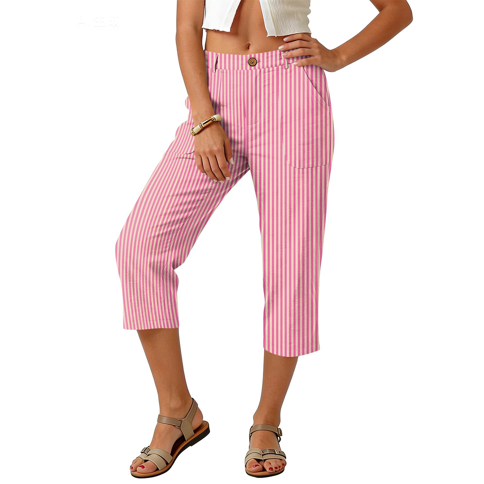 

Women’s Cropped Pants with Vertical Stripe Pattern Relaxed Fit Mid Rise Button Closure Casual Trousers with Pockets for Everyday Wear M розовый