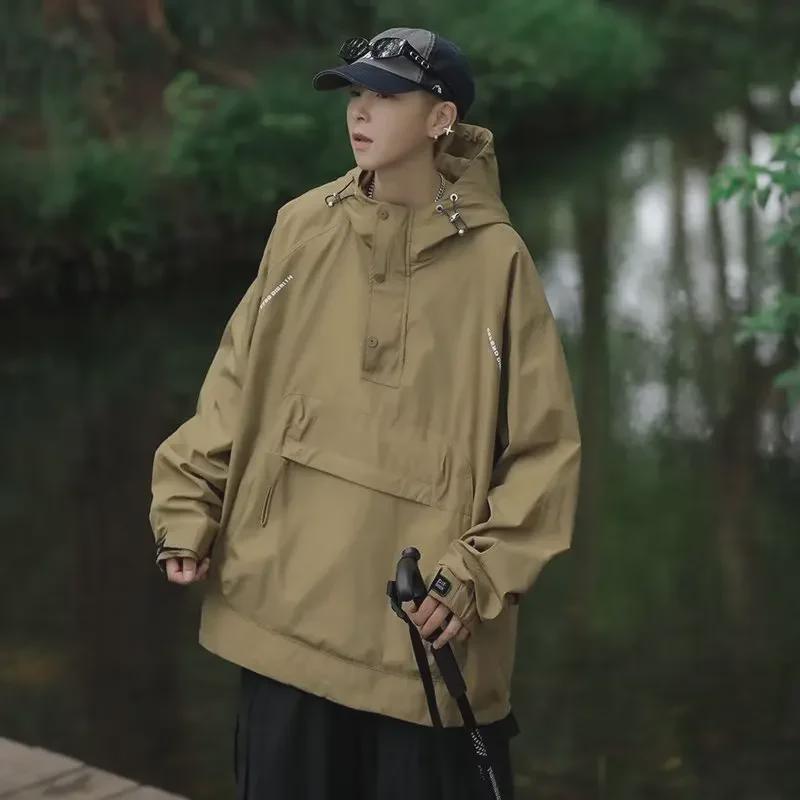 Men's Autumn Hooded Workwear Jacket with Zipper Pockets - Casual, Loose Fit Pullover Coat