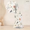 Women Plus Size Round Neck Batwing Short Sleeve Printed Ruffle Hem Top Fishtail Skirt Two Piece Set