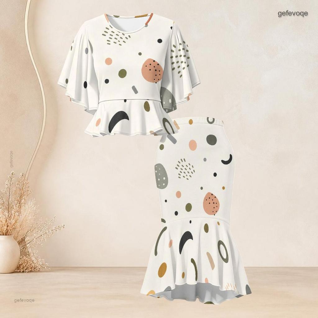 Women Plus Size Round Neck Batwing Short Sleeve Printed Ruffle Hem Top Fishtail Skirt Two Piece Set