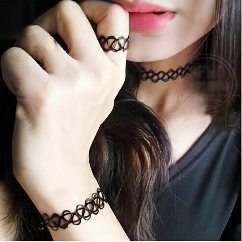 

Retro Jewelry Hollow Tattoo Weaving Fishing Line Elastic Mix Necklace Collar Bracelet Ring Set чорний