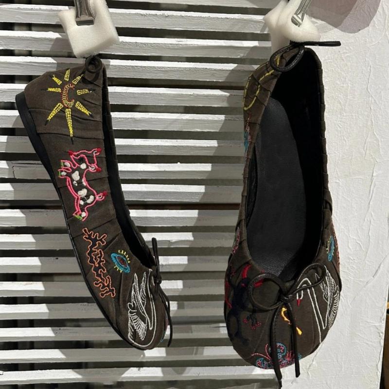 Retro Embroidery Designer Ballet Flats Women Bowknot Shallow Comfort Footwear Female Fashion Round Toe Mary Jane Shoes Women