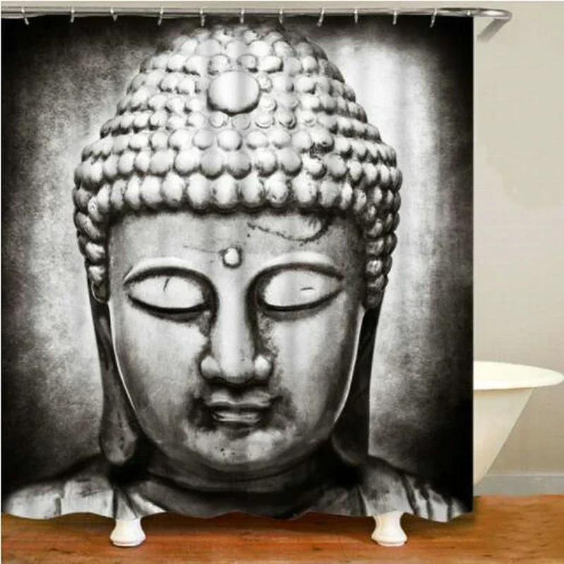 Classic Stone Buddha Head Shower Curtain Set Buddhism Zen Religion Bath Curtain Waterproof Bathroom Toilet Mat Rugs 90x180cm-35x70in