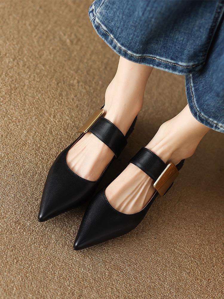 New 2023 Spring Women Nature Suede High Thick Heels SmallHut Black Apricot Square Toe Pumps Elegant Lady Metal Decoration Shoes