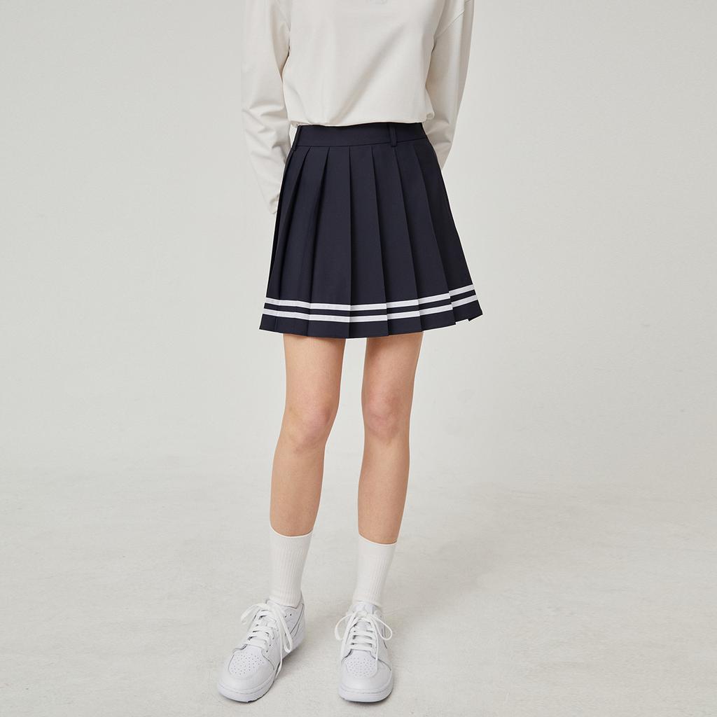 LIKK Line Contrast Pleated Skirt (Navy)_L4B1-Sk02C