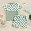 Toddler Boy Summer Clothes Checkerboard Print Short Sleeve T-Shirt with Elastic Waist Shorts 2Pcs Outfit