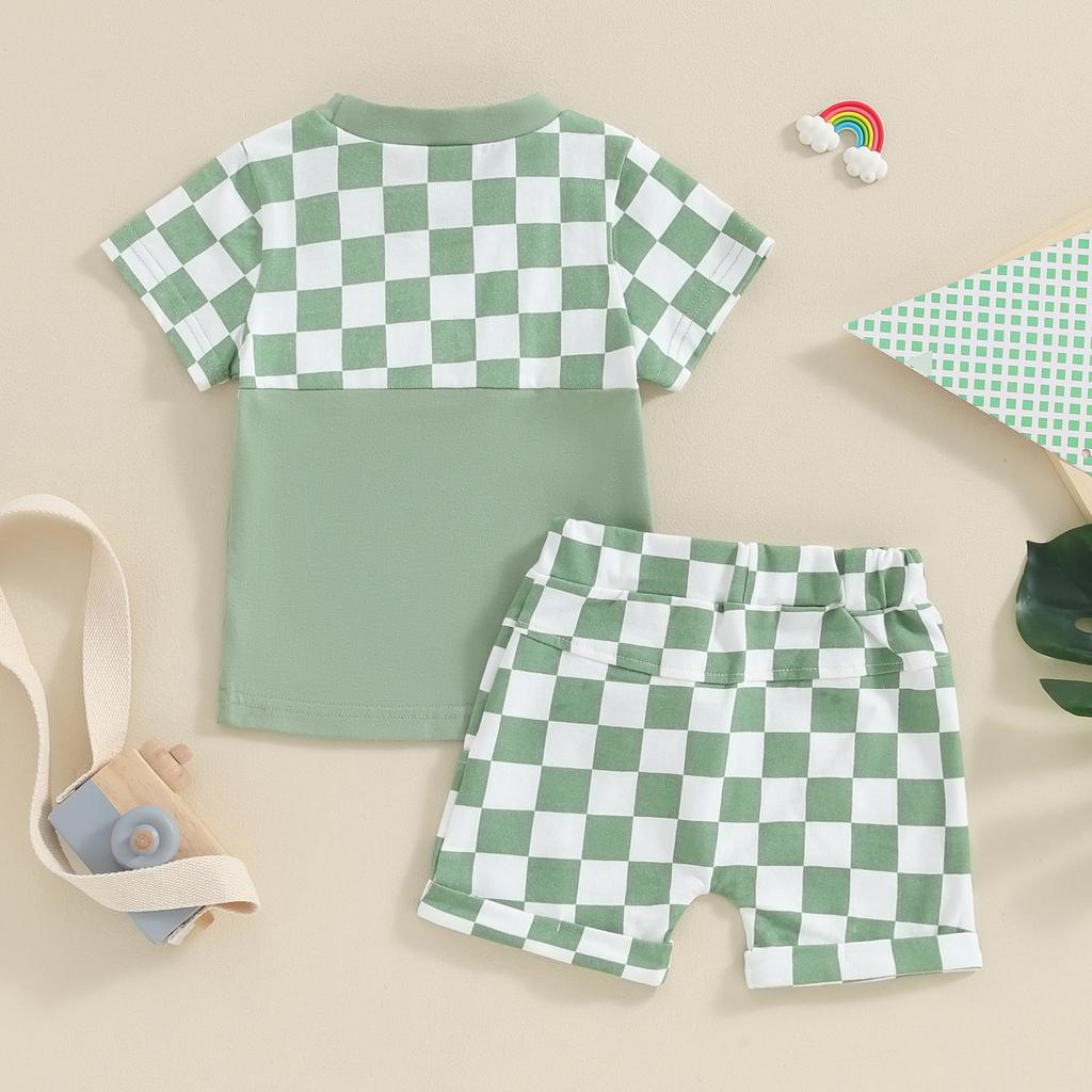 Toddler Boy Summer Clothes Checkerboard Print Short Sleeve T-Shirt with Elastic Waist Shorts 2Pcs Outfit