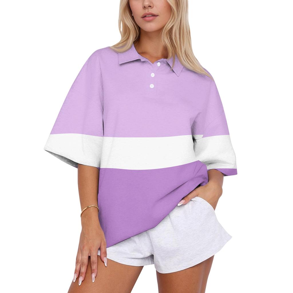 Top Casual da Donna con Colletto a Polo, Vestibilità Larga, Manica Corta, Pullover a Righe, Vestibilità Rilassata, Camicia Leggera per l'Uso Quotidiano
