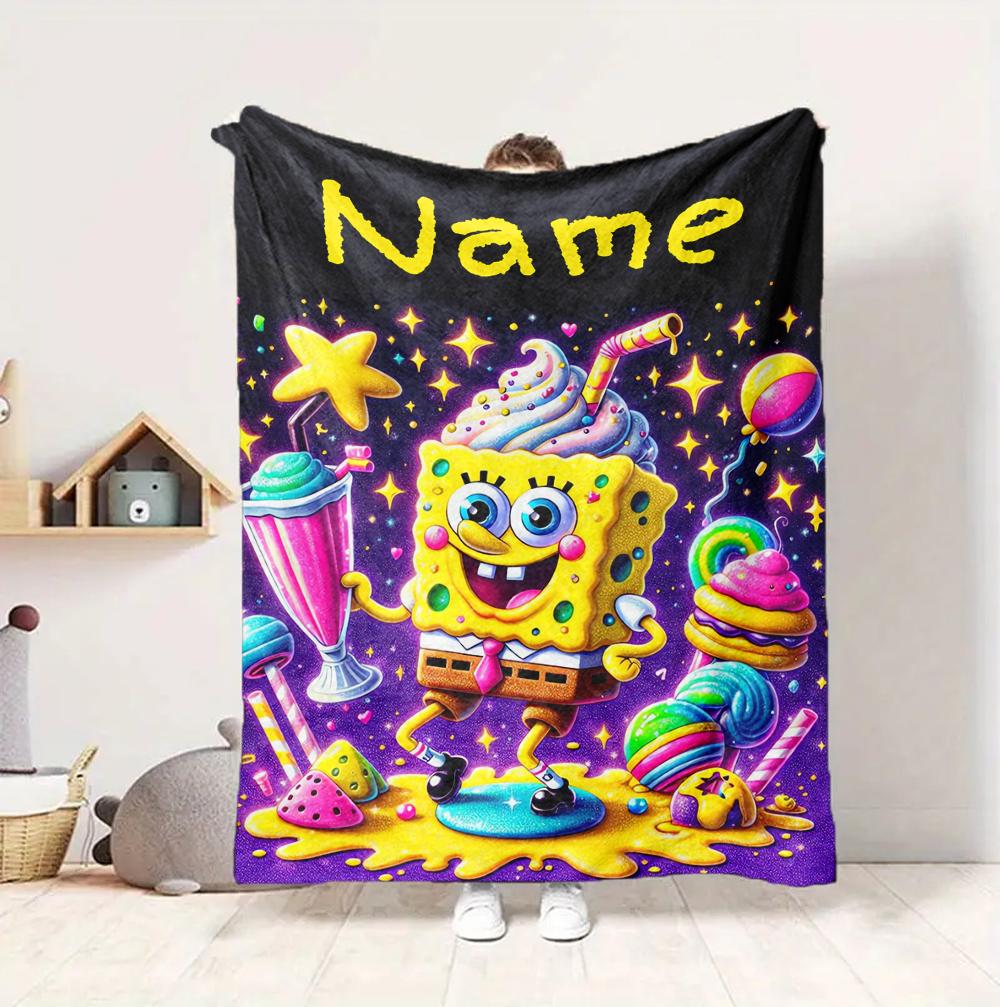 Custom Name SpongeBob Friends Flannel Blanket Throw Blanket Soft Warm Sofa Bed Decor Unique Gift