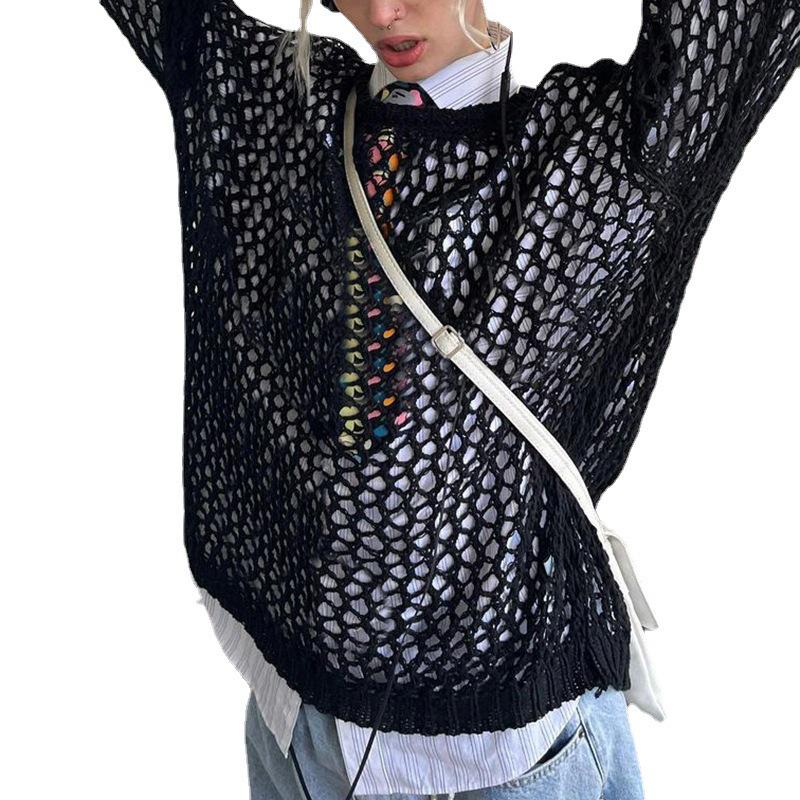 2024 Summer European & American Street Style: Hollow Out Mesh Knit Loose Pullover for Women