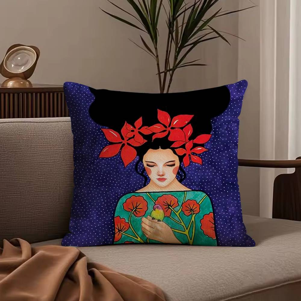 Vintage Abstract Girl Hair Flower Pillow Case Anti-dustmite Pillowcase Invisible Zipper Silky Short Plush Sofa Cushion Cover
