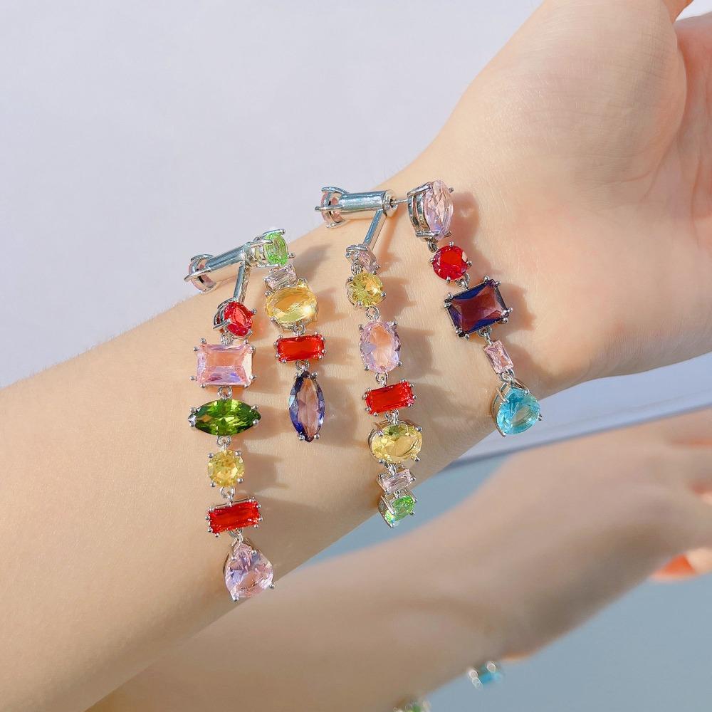 Square Candy Crystal Bracelet Women Jewelry Set Rainbow Necklace and Back Hook Earrings Light Luxury Style