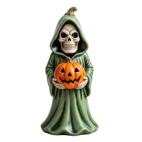 Halloween Skull Pumpkin Figurine Resin Skeleton Holding Pumpkin Statue Spooky Tabletop Ornaments for Indoor Home Decor