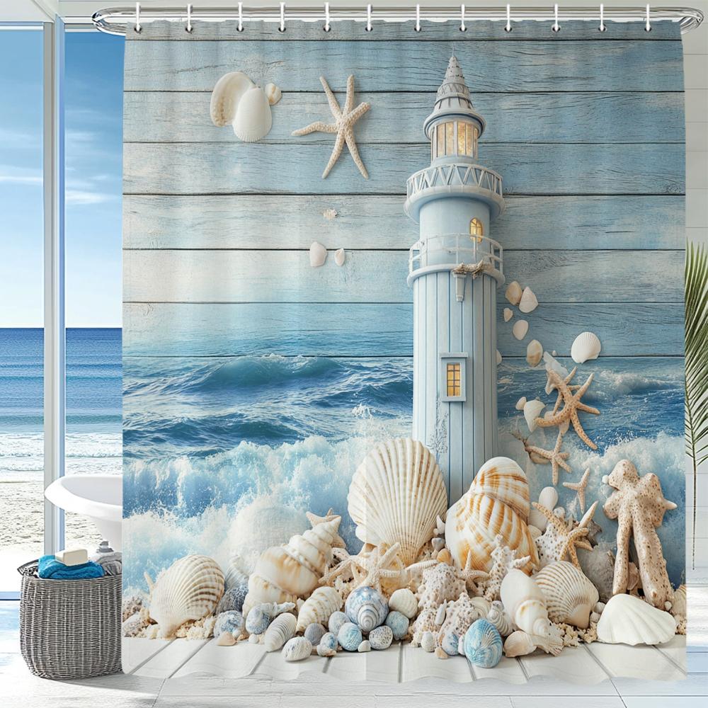 

Blue Ocean Beach Seaside Lighthouse View Shower Curtain, Bathroom Decorative Shower Curtains, Home Curtain With Hooks W60H190(CM)-1 Pcs