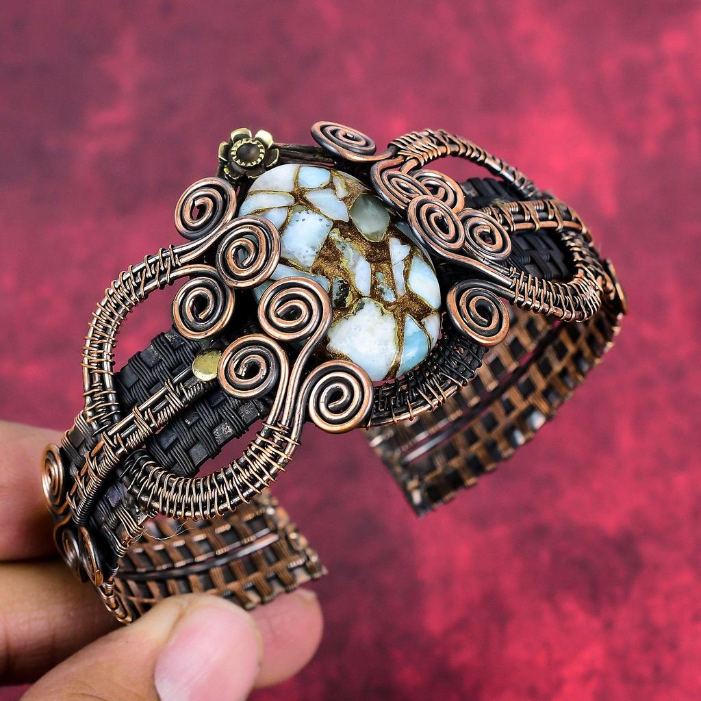 Copper Larimar Bangle Copper Wire Wrapped Cuff Bracelet Adjustable Bangle Gemstone Cuff Gifts for Him Handmade Copper Jewelry Antique Bangle