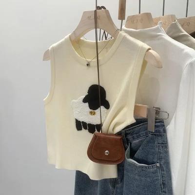 Graues Strick-Tanktop für Damen mit Schaf-Stickerei Lässiges ärmelloses Crop-Top