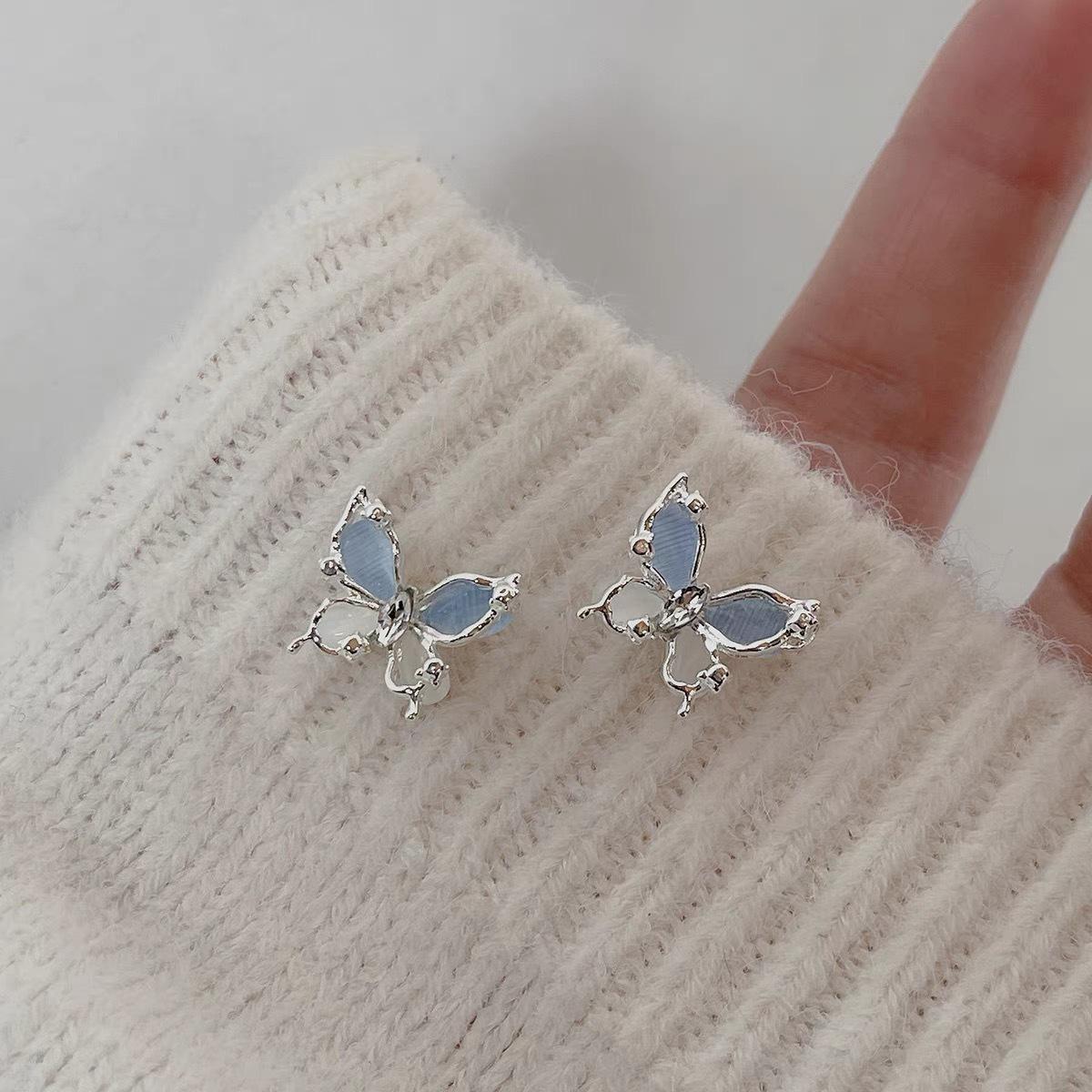 Elegant Blue Cat s Eye Bowknot Stud Earrings - Light Luxury & Versatile