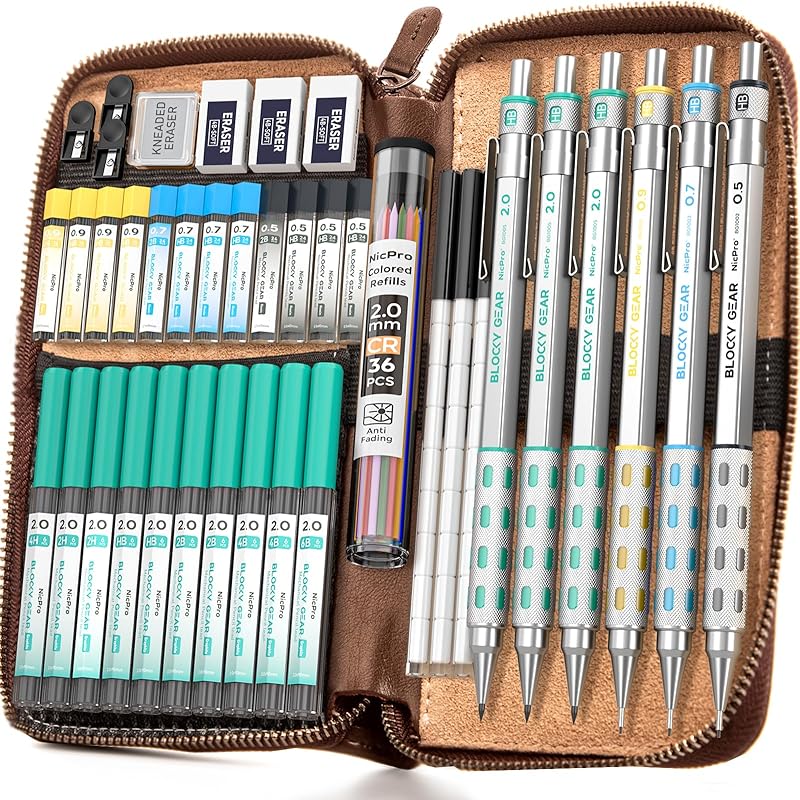 Nicpro Blocky Gear Metal Mechanical Pencil Set with Leather Case, 40PCS Art Drafting Pencil 0.5, 0.7, 0.9 & 2mm Lead Pencil with 352PCS (HB 2H 4H 2B