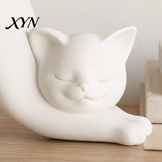 Cute Cat Home Decor 3D Printed Stretching Planter Pot, Kitty Succulents Creative Minimalist Cream Animal Flowerpot, Lovely Kitten Plant Pot for Office