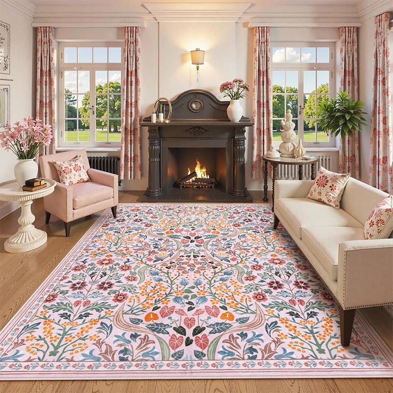 Elegant Floral Area Carpet for Living Room Home Decorative Rug Pink Soft Bedroom Rugs Suitable Girls Nursery Playroom Alfombra
