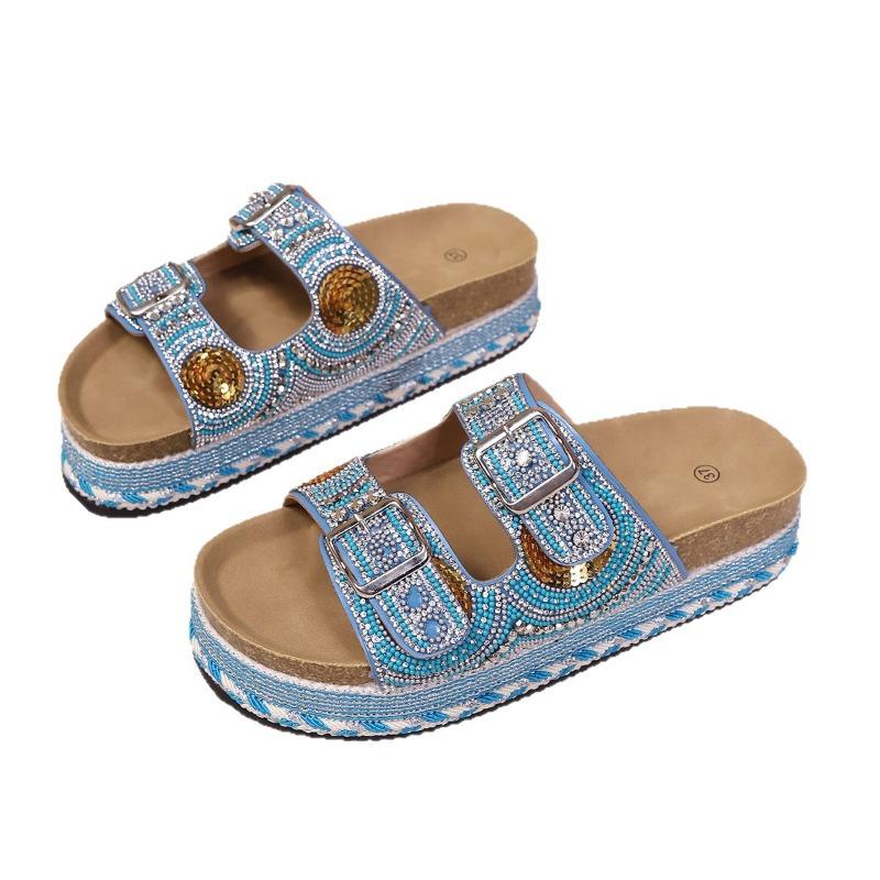 Women's Wide Width Bohemian Slides, Rhinestone Jute Platform Sandals, Ethnic Beach Slippers for Women