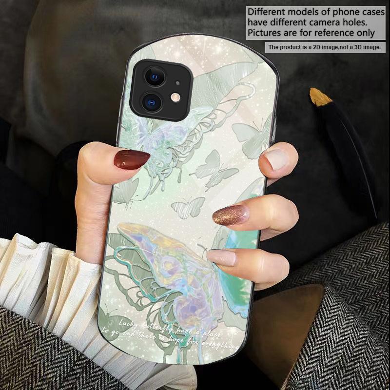 Lucky Butterfly Painting For iPhone 17 Air 16 15 14 Pro 13 Plus 12 Mini 11 Pro Max XR X 7 8 Elliptical Tempered Glass Phone Case