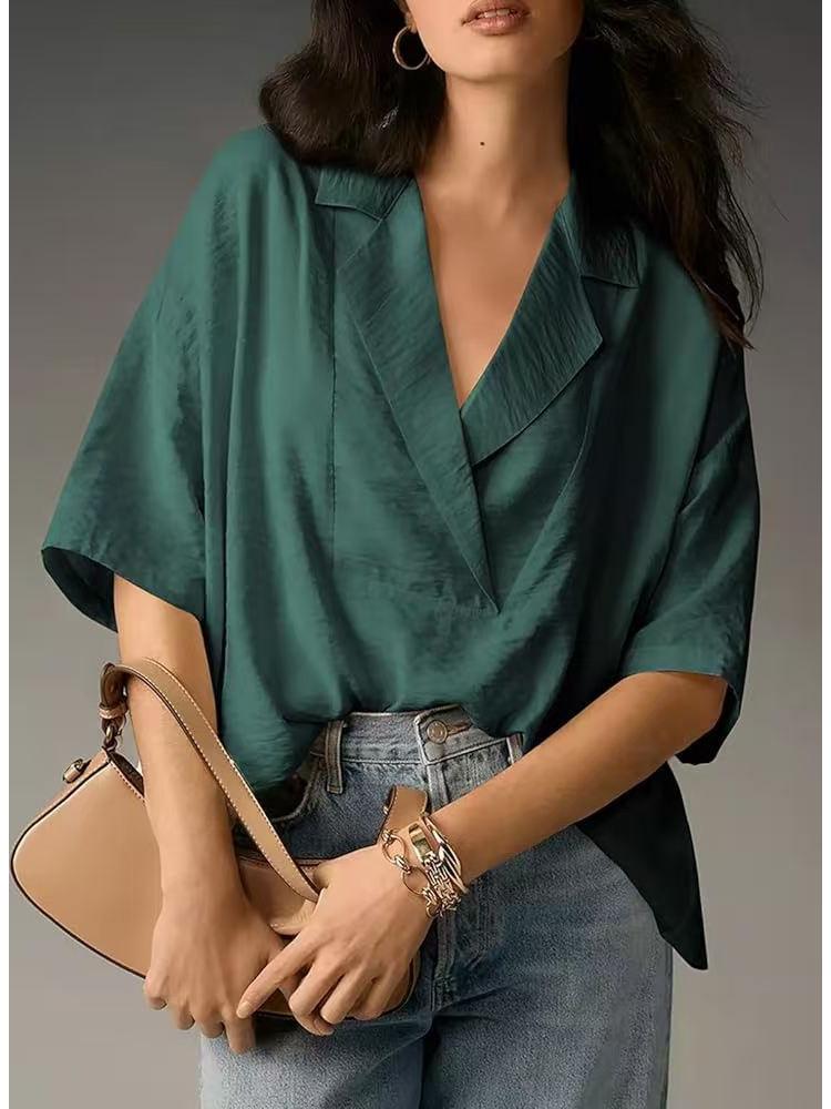 2025 Women's Casual Loose Short Sleeve Lapel Shirt - Solid Color, Summer Style
