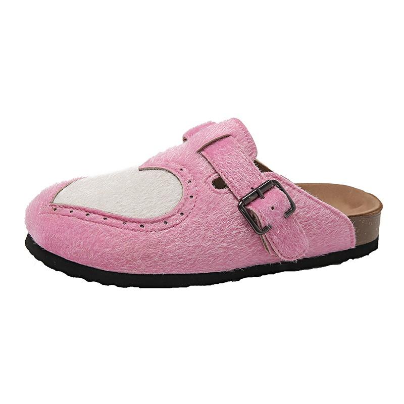 Fashion Fashion Black Print Hairy Mule Clogs Woman Brogue Heart Design Slide Sandals Ladies Brand Thick Footbed Slipper Plus Size 43