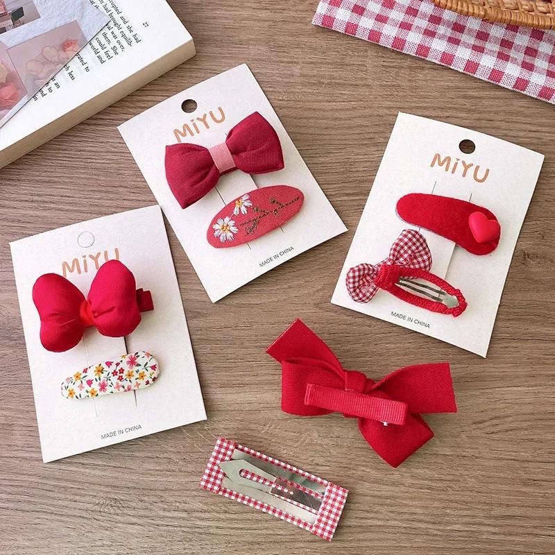 2pcs Red Color Baby Girl Hair Clip Christmas Series Bow Floral Children's BB Clip Cute Hair Accessories Sweet Hair Clip