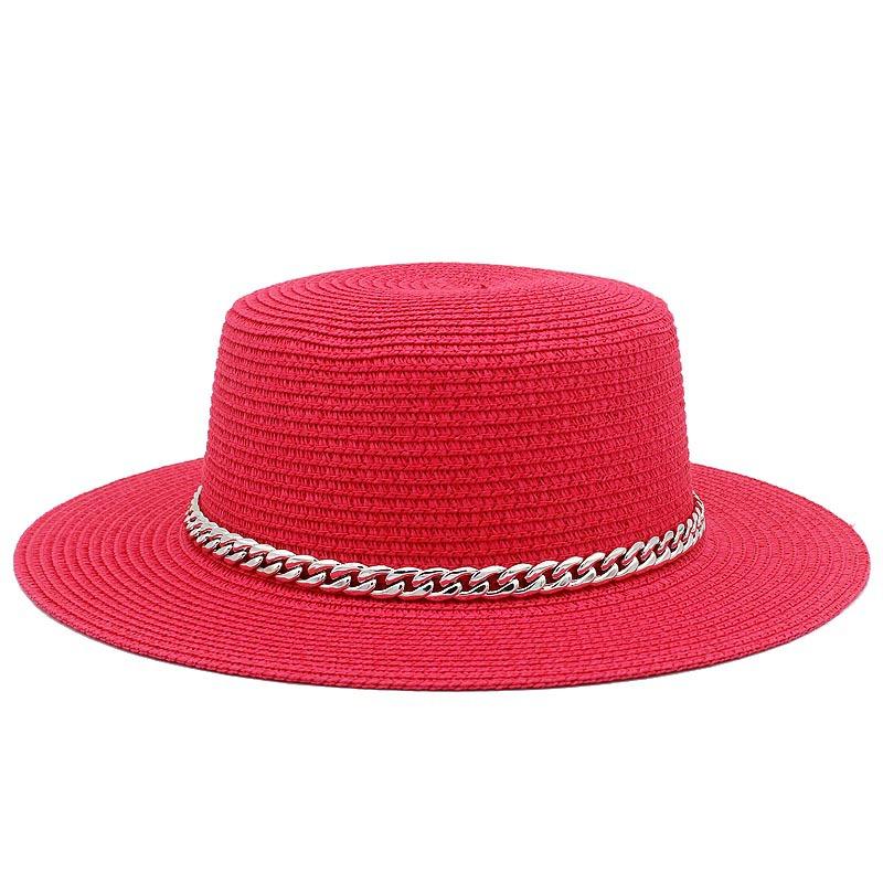 Spring and summer women's travel sunscreen straw hat fashion chain solid color beach British style jazz hat Hats