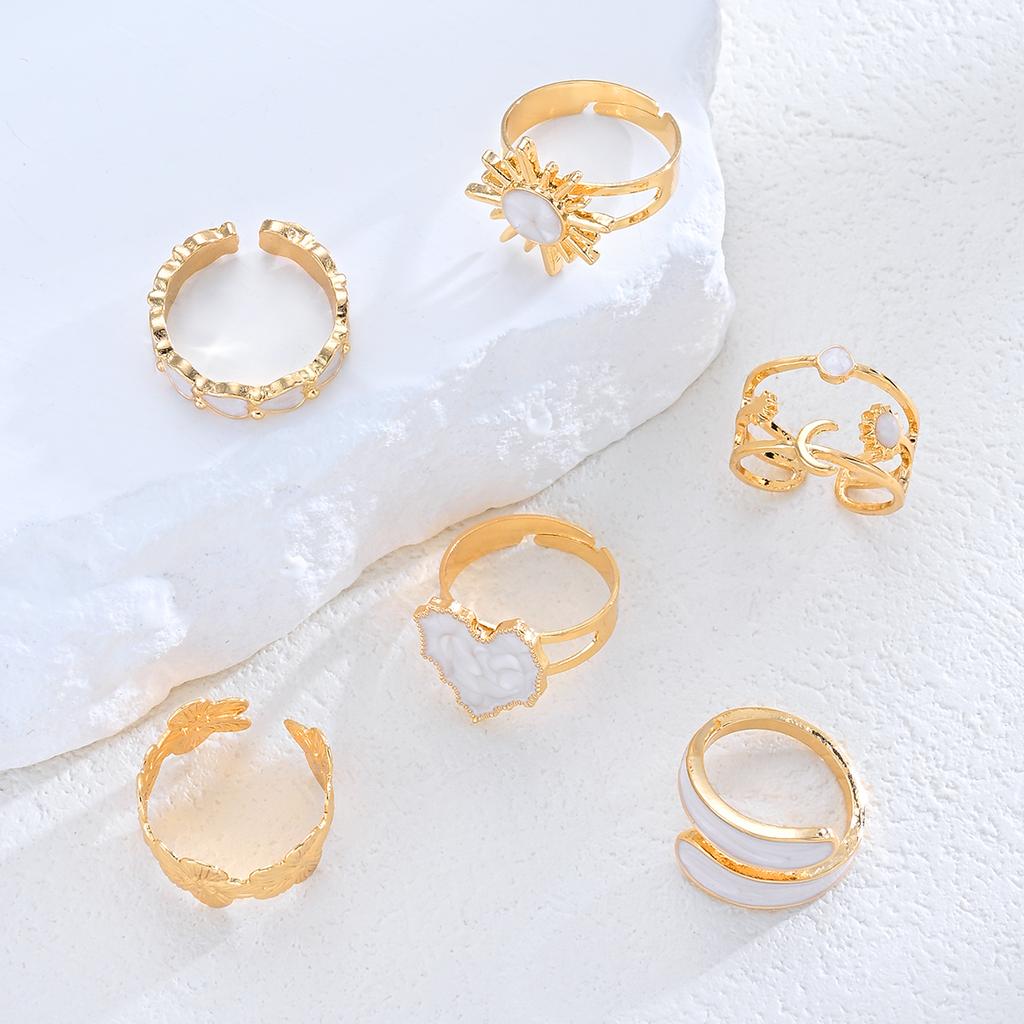 IF ME 6-Piece Fashionable Heart-Shaped Sun-Moon Sunflower Geometric Irregular Glitter Drip Ring Set Women's Holiday Party Jewelry