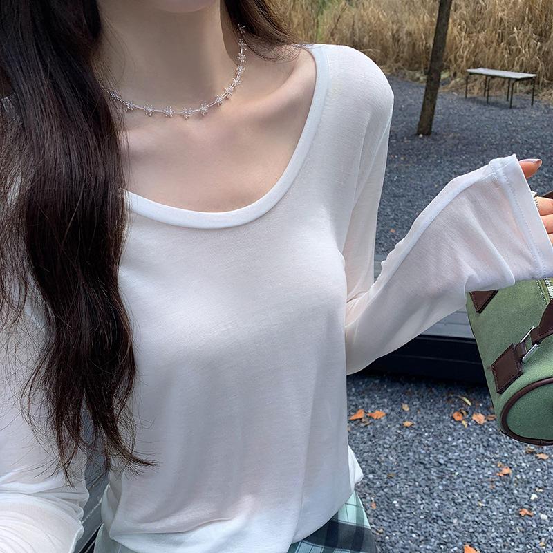 Loose and Lazy Style Ice Silk Thin Long-sleeved Sun Protection Blouse T-shirt for Women Early Autumn New Skin-friendly Temperament Inner Top