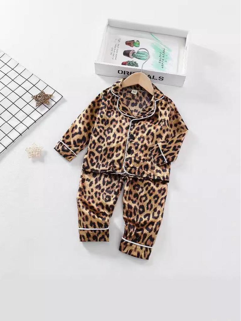 Leopard Print Silk Pajama Set - Long Sleeve for Children (Spring to Autumn)