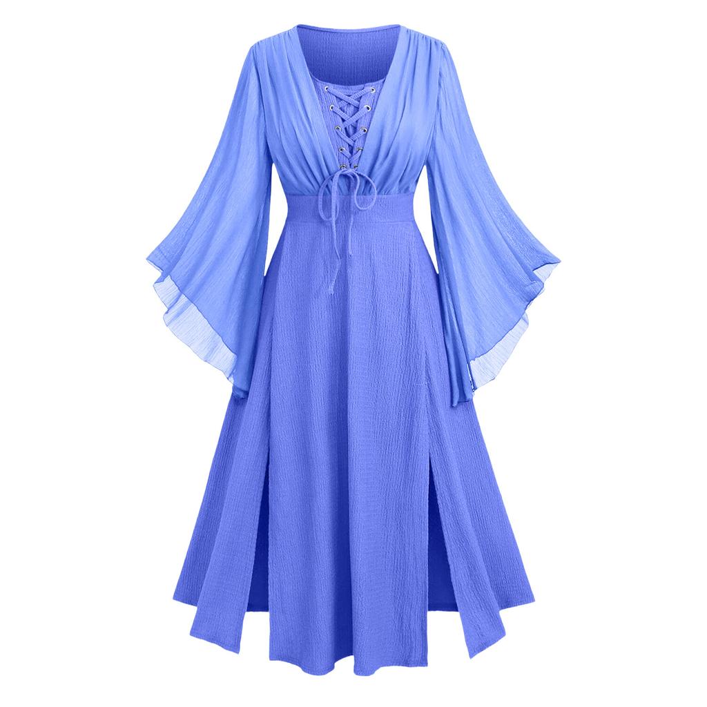 Women V Neck Long Sleeve Lace Up Maxi Dress with Split Hem and Flared Cuff Retro Style for Casual or Special Occasions