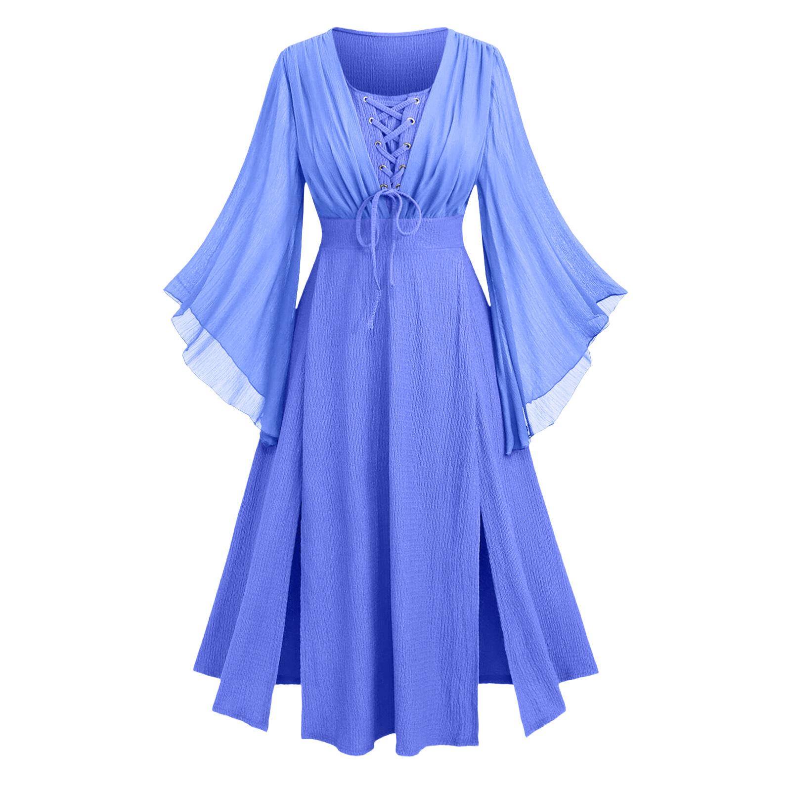 

Women s Fashionable Retro Color V Neck Long Sleeved Tied Skirt With Slit Length Dress XL синій