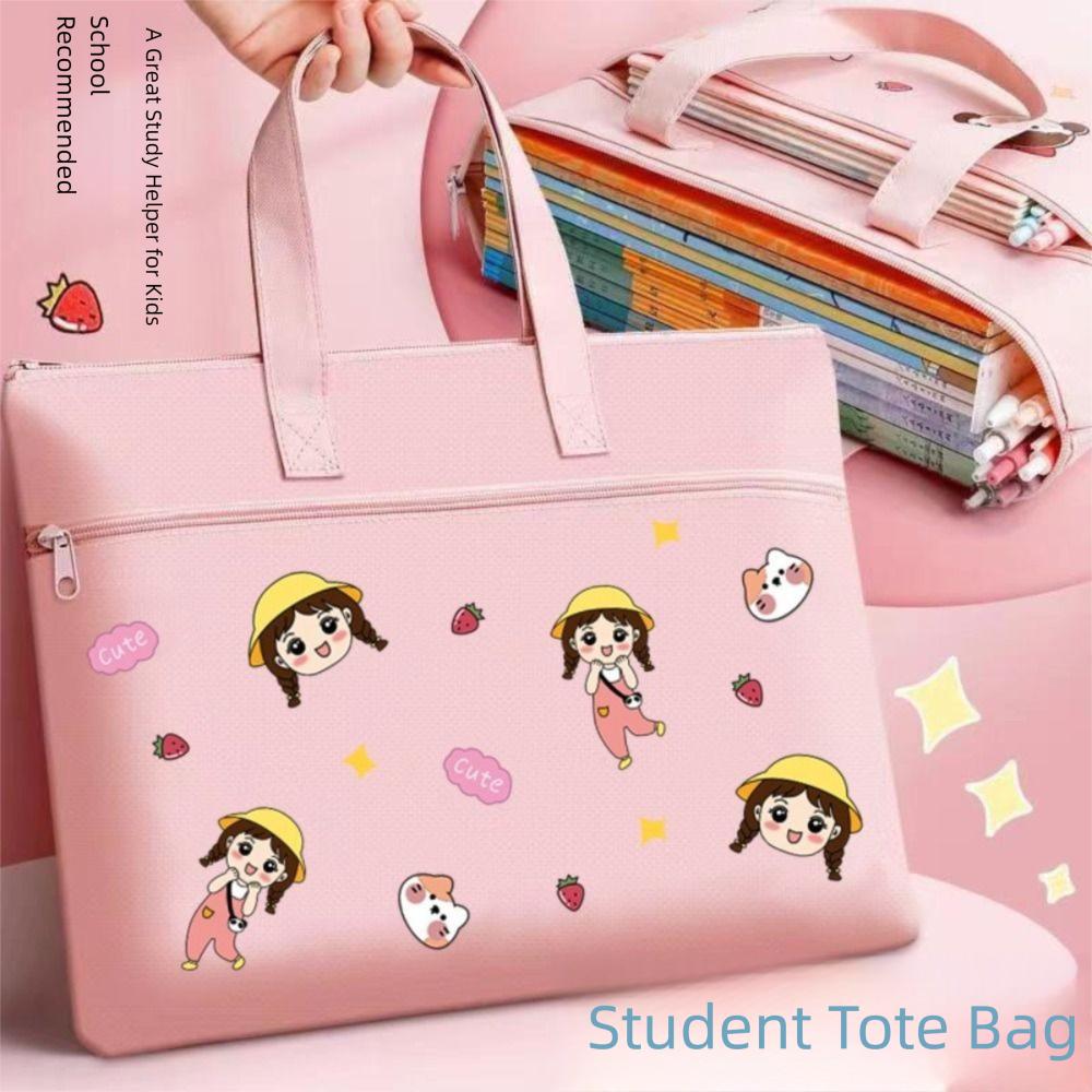 New Double Layer Cartoon File Bag Canvas Zipper File Bag Cartoon Large Capacity Student Tote Tutoring Class