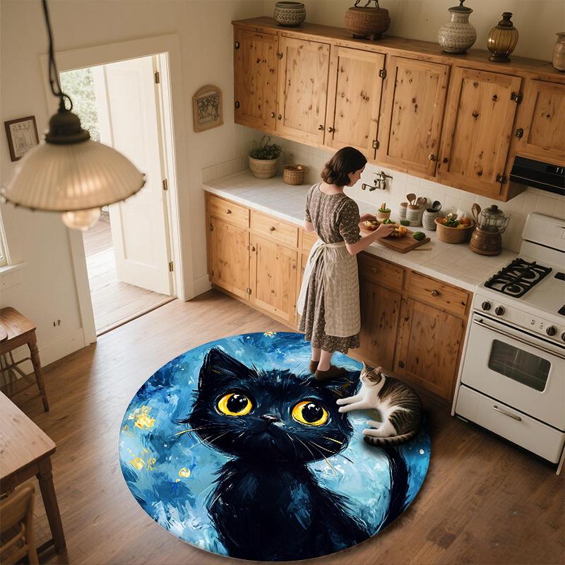 Night Cat Round Area Rug,Carpet Rug for Living Room Bedroom Sofa Playroom Decor,Non-slip Floor Mat