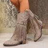 Autumn And Winter Belt Buckle Tassel Boots, Studded Belt Buckles, Large Size Pointed Toe Mid-Calf Boots