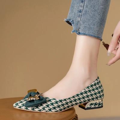 Novos sapatos de salto grosso femininos 2024 outono novos sapatos baixos bico fino all-match laço pied-de-poule boca rasa salto médio