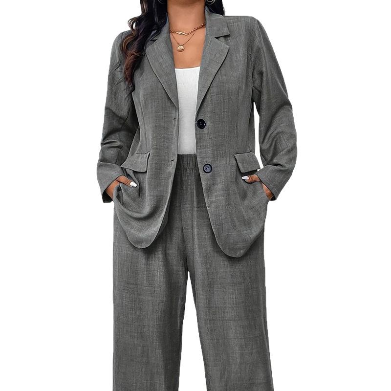 European & American Fashion Slim Fit Lapel Cardigan Suit & Pants Set for Women